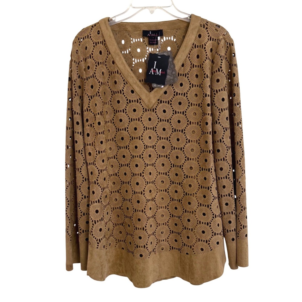 Alberto Makali Womens Camel Faux Suede Laser Cut Eyelet V-Neck Top Size M  NWT
